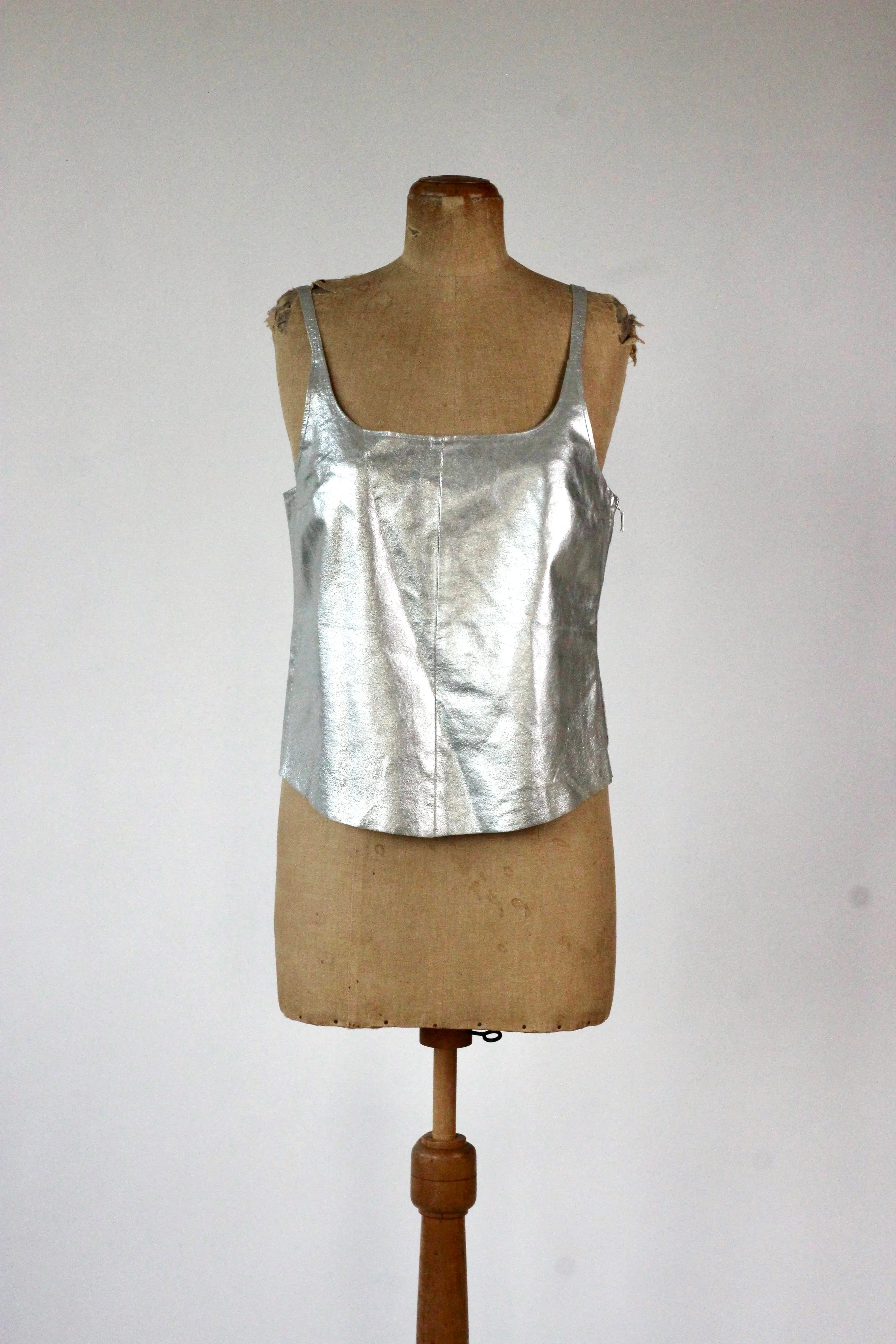 1990s Vintage Leather Silver Top//Size L