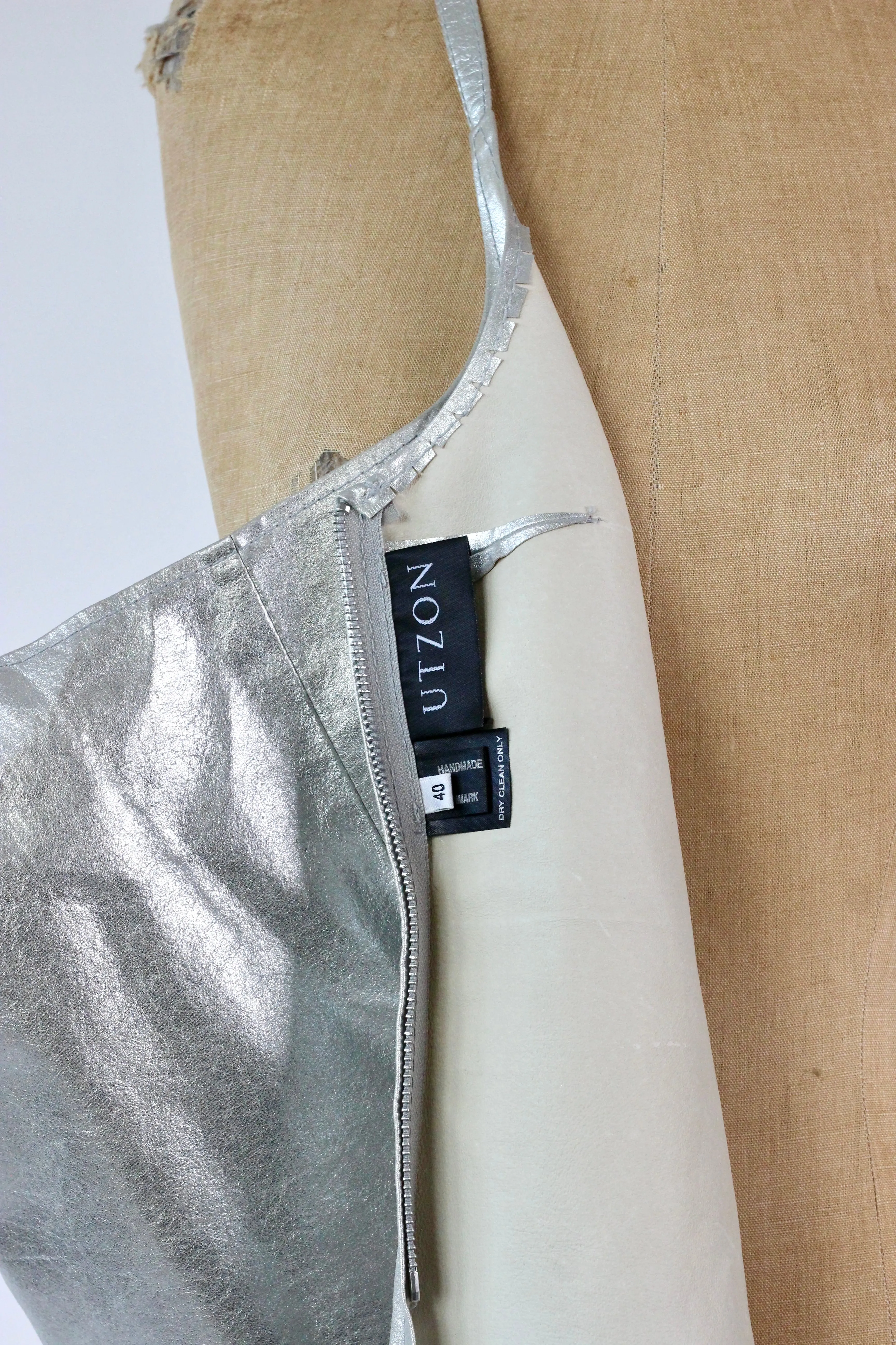 1990s Vintage Leather Silver Top//Size L