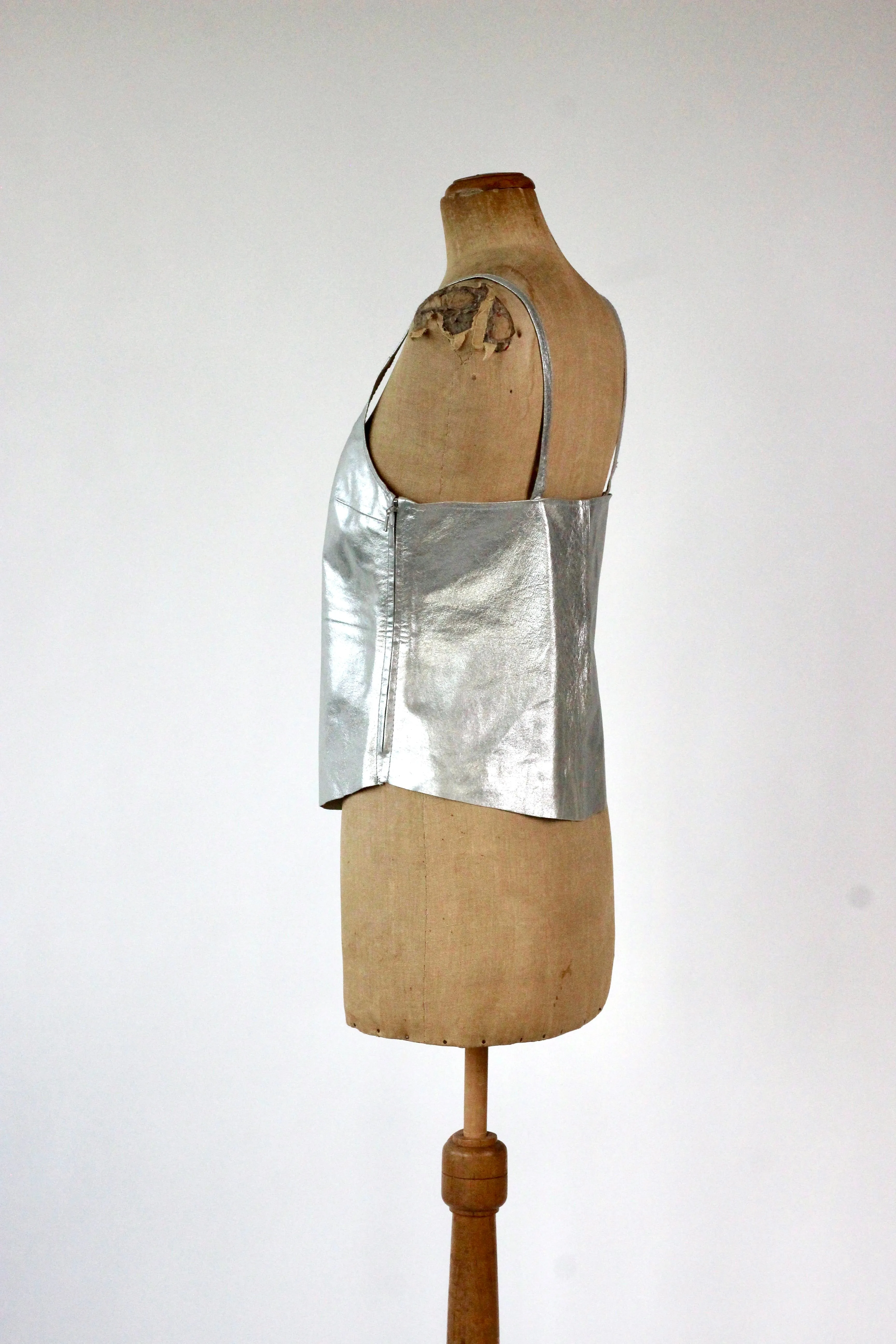 1990s Vintage Leather Silver Top//Size L