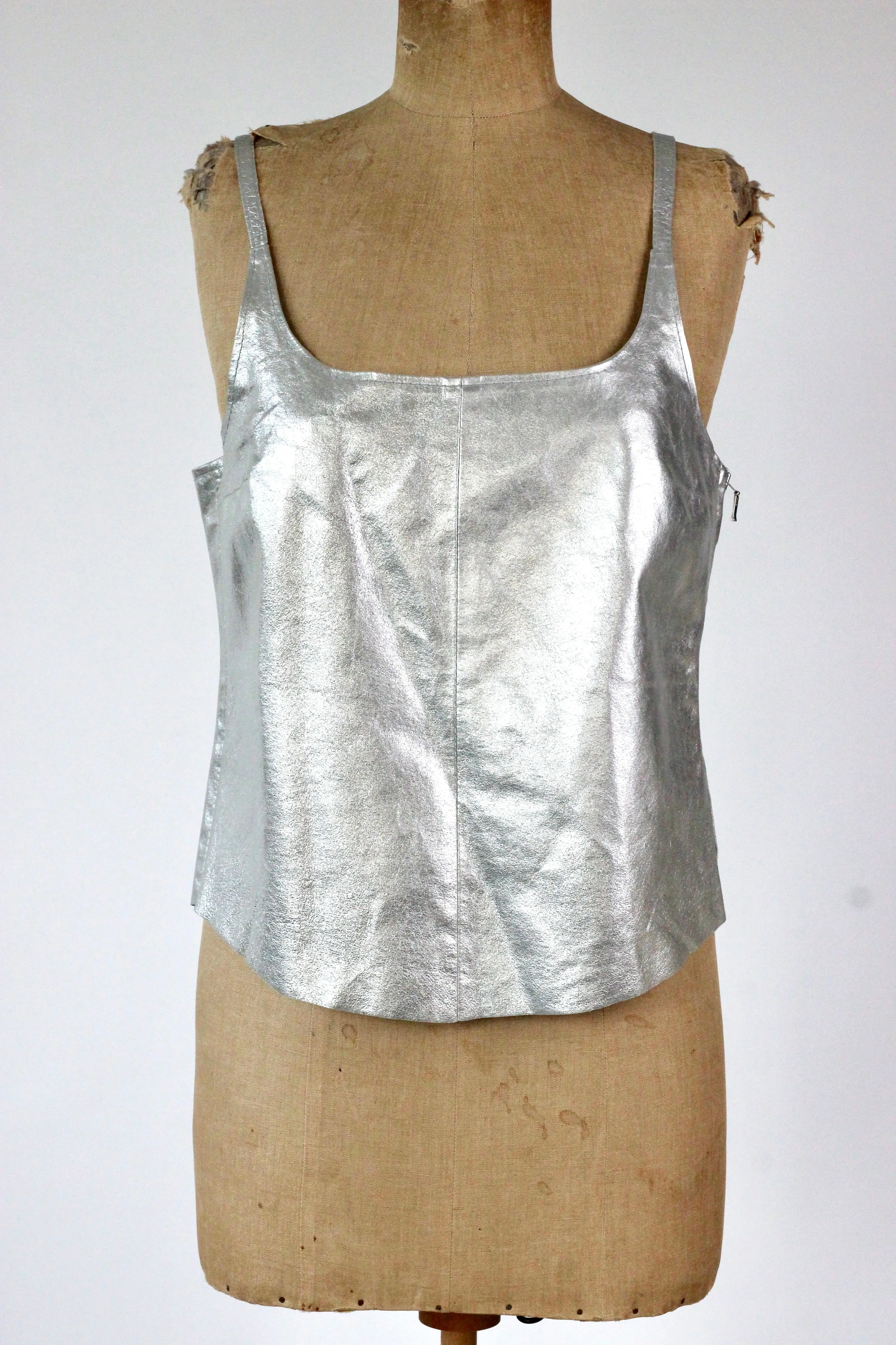 1990s Vintage Leather Silver Top//Size L