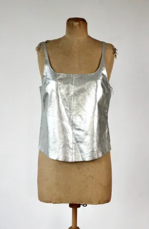 1990s Vintage Leather Silver Top//Size L