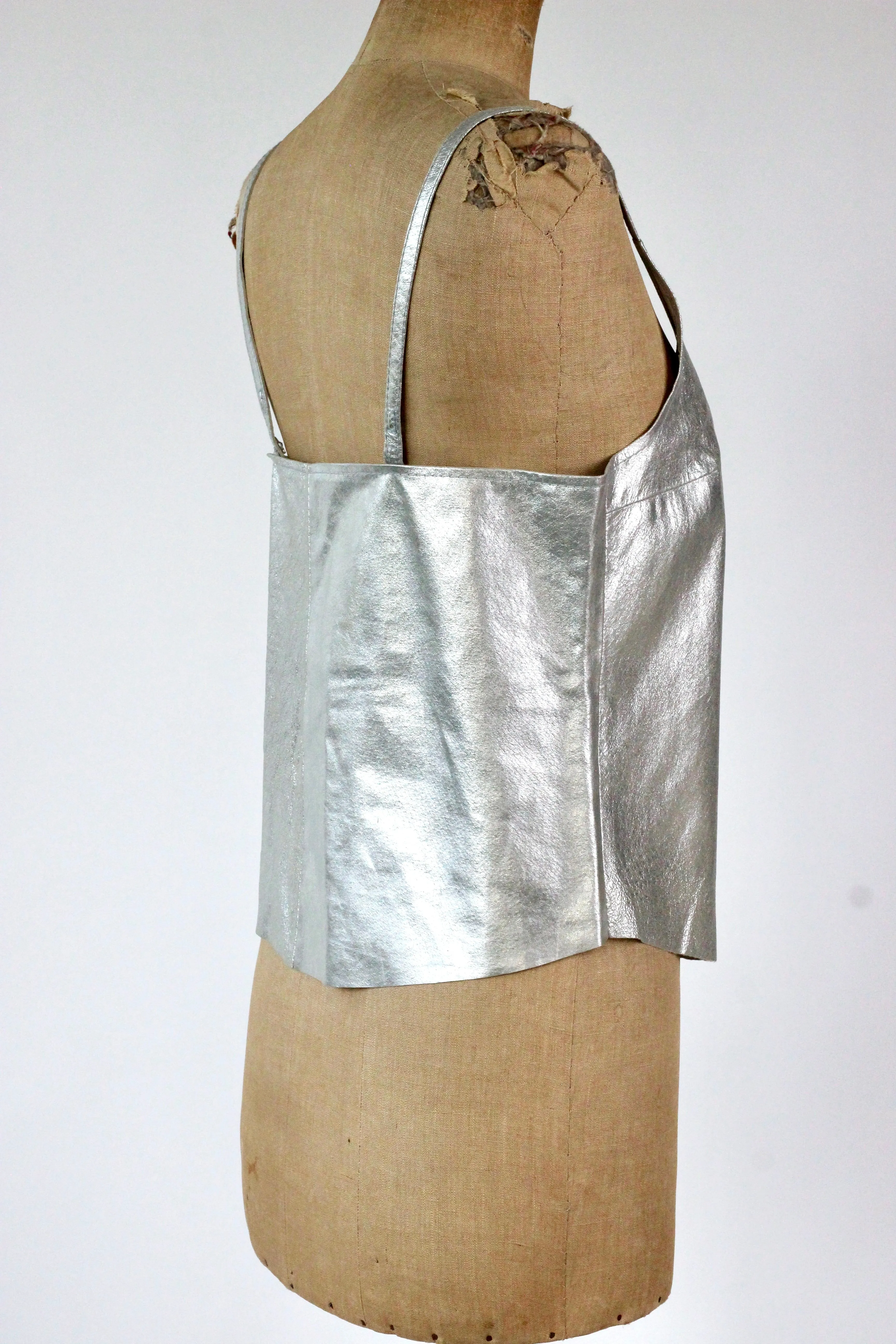 1990s Vintage Leather Silver Top//Size L