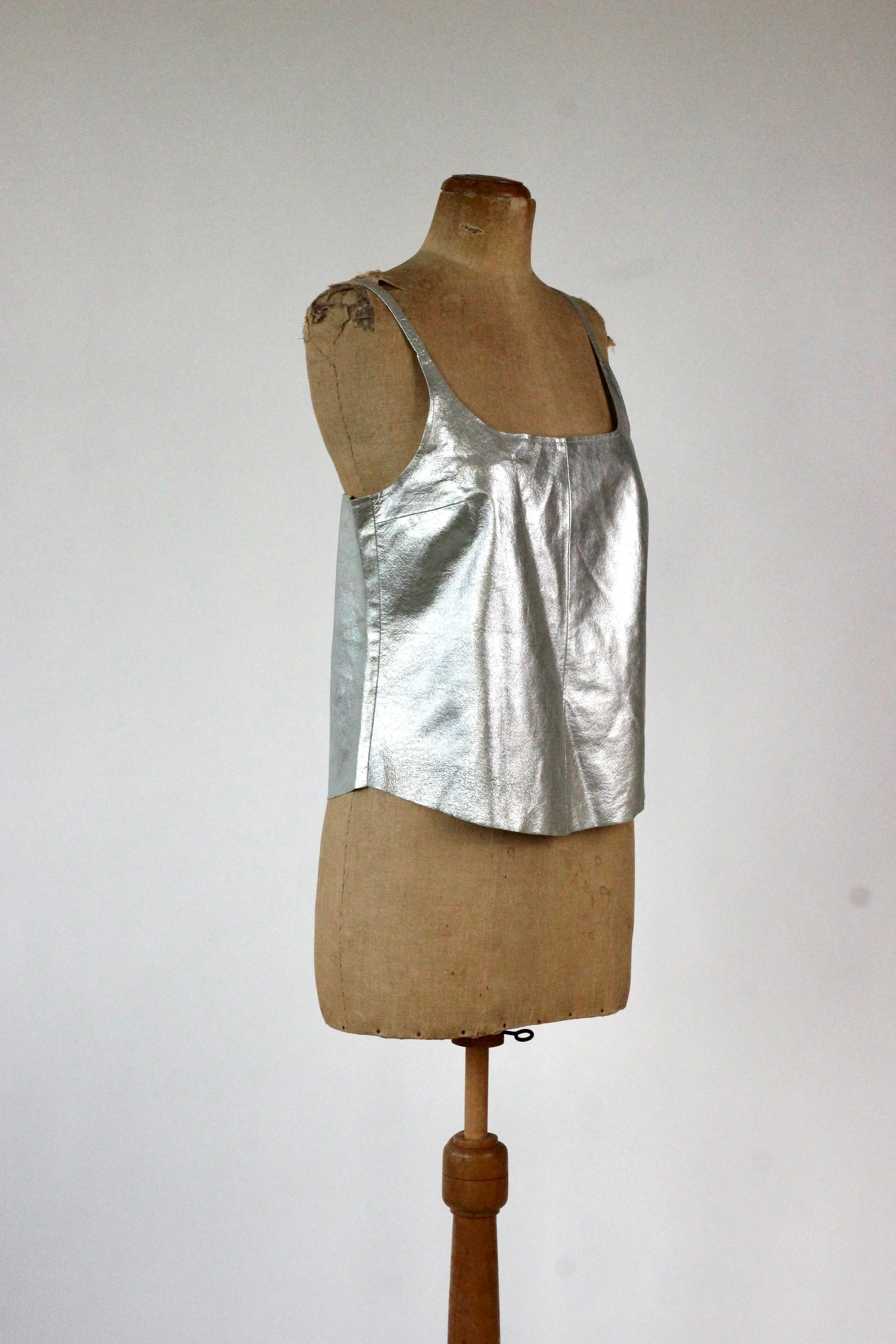 1990s Vintage Leather Silver Top//Size L
