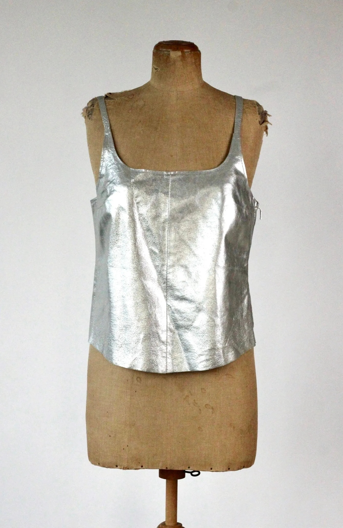 1990s Vintage Leather Silver Top//Size L
