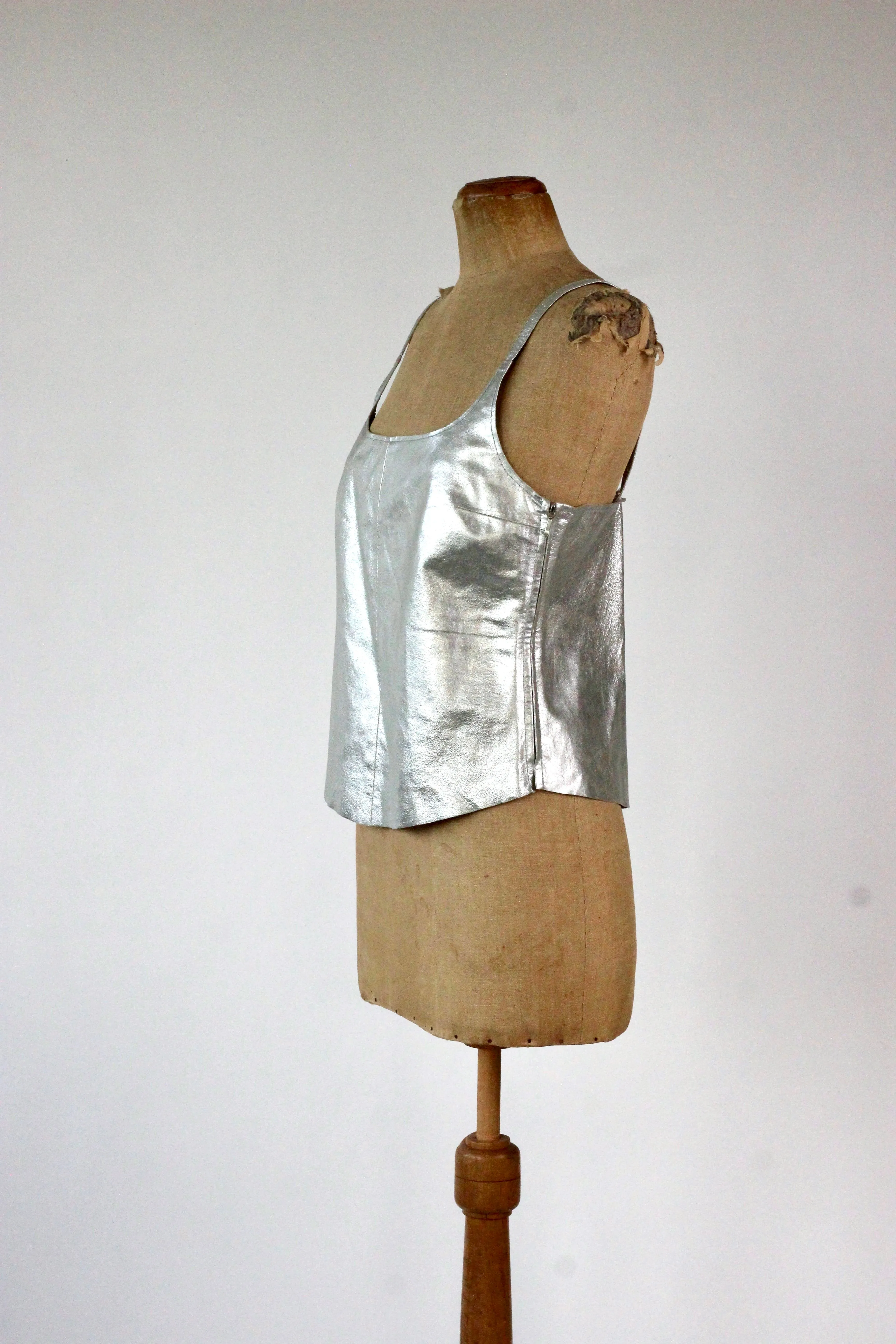1990s Vintage Leather Silver Top//Size L