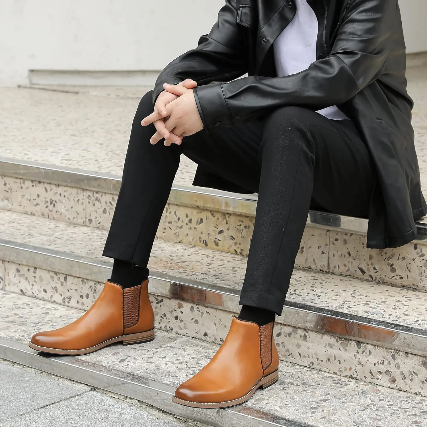 Fashionable Men's Camel Brown Classic Leather Chelsea Style Boots
