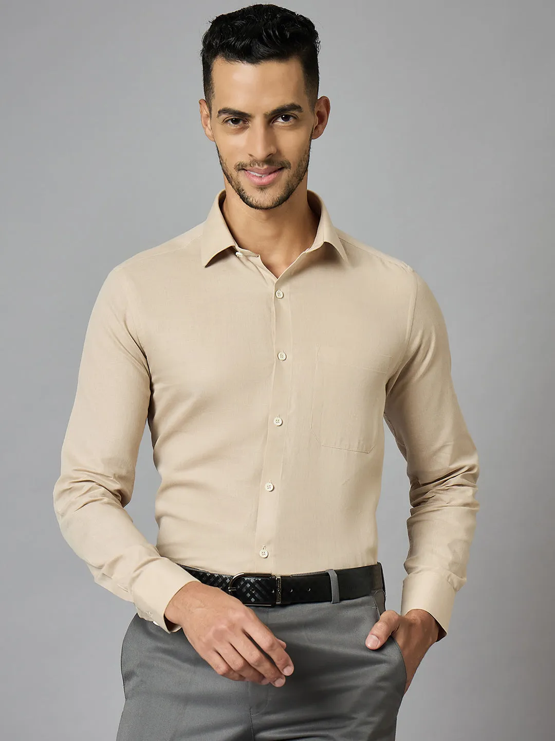 Men's Beige Cotton Linen Full Sleeves Regular Fit Formal Shirt