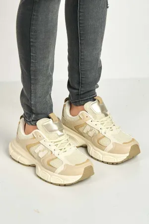 Nerva Stripe Panel N Lace Up Trainers in Beige