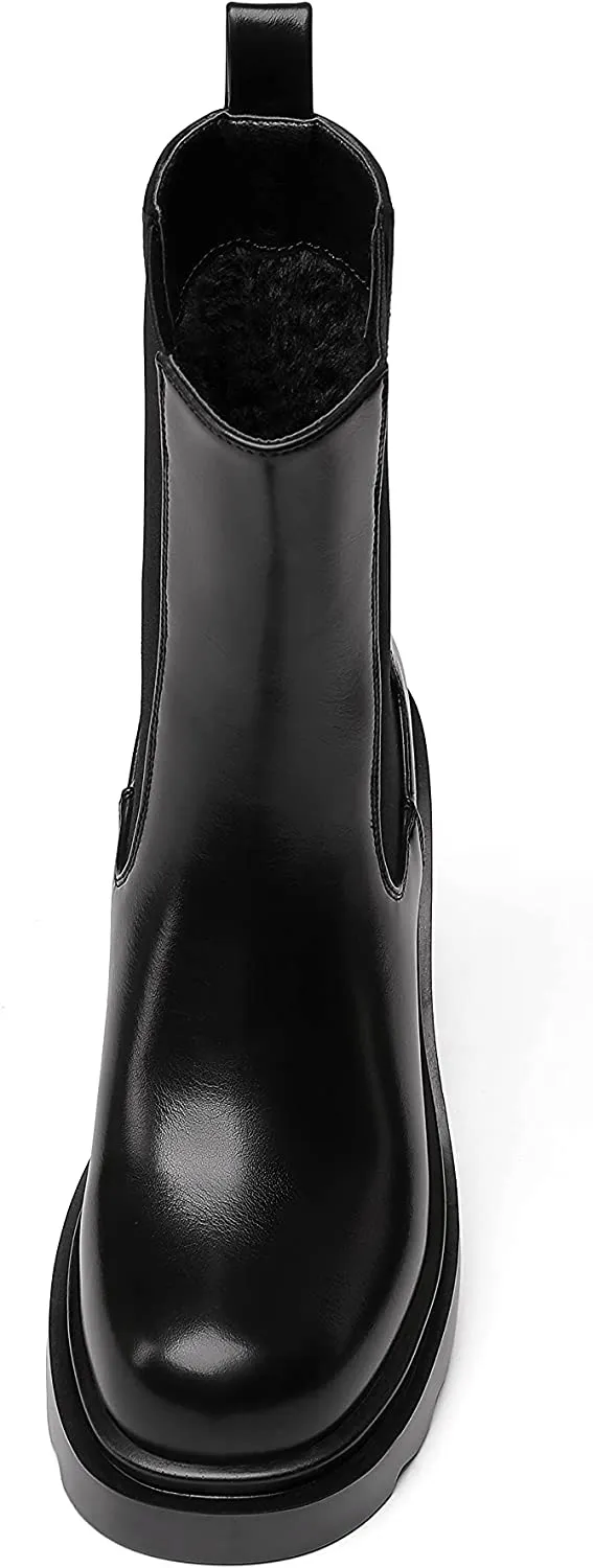 Platform Black Mid Calf Chunky Block Chelsea Boots
