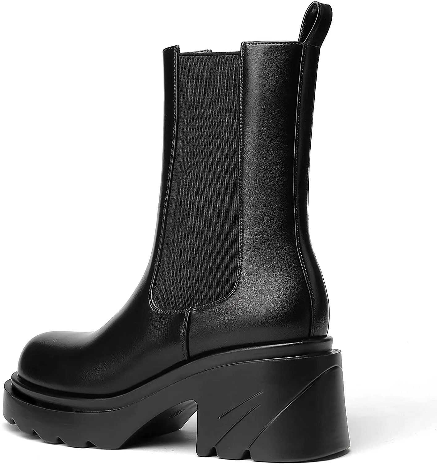 Platform Black Mid Calf Chunky Block Chelsea Boots