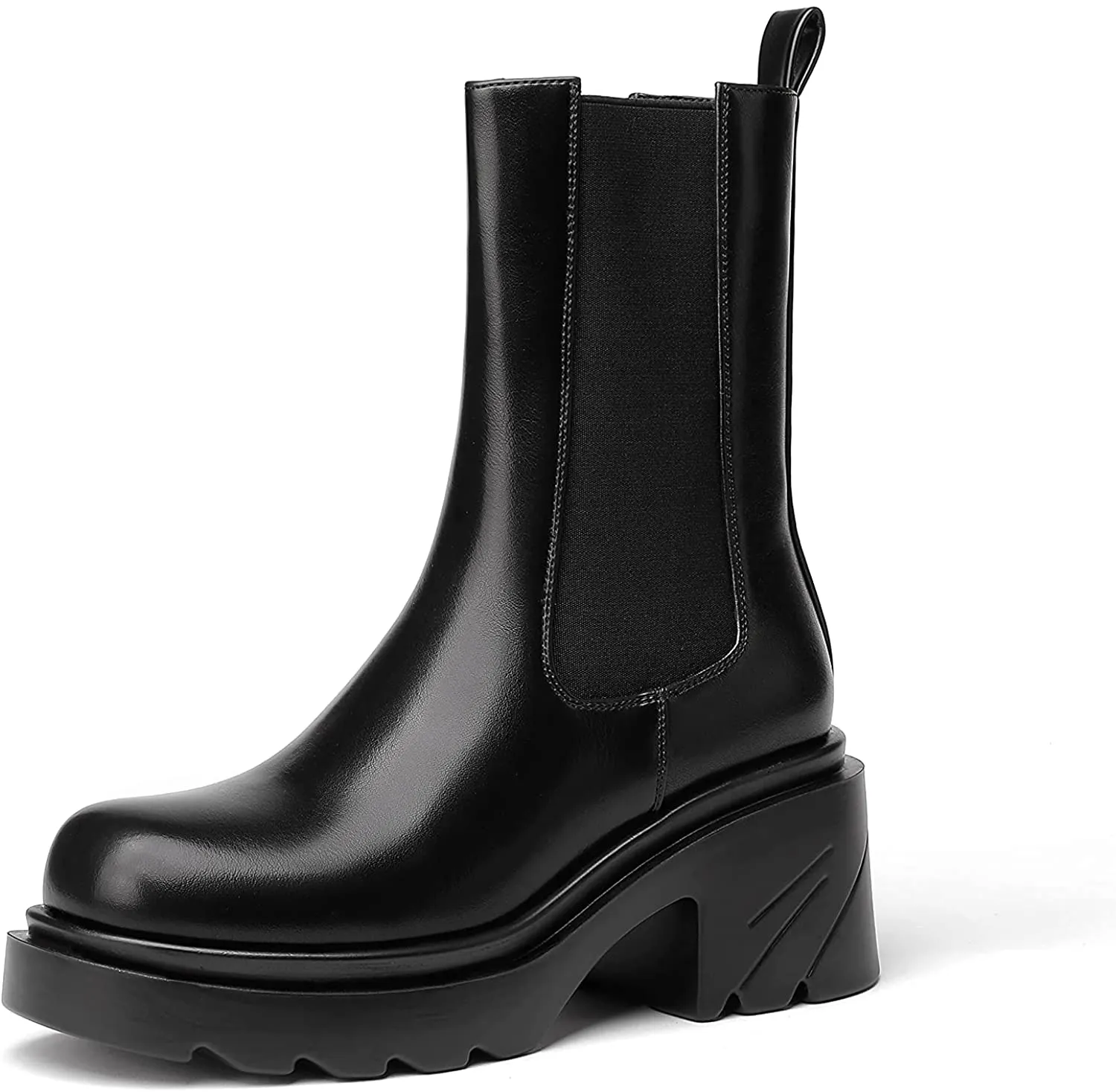 Platform Black Mid Calf Chunky Block Chelsea Boots