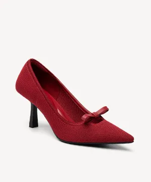 Slip On Bow Pointed Toe Heeled Pumps Red
