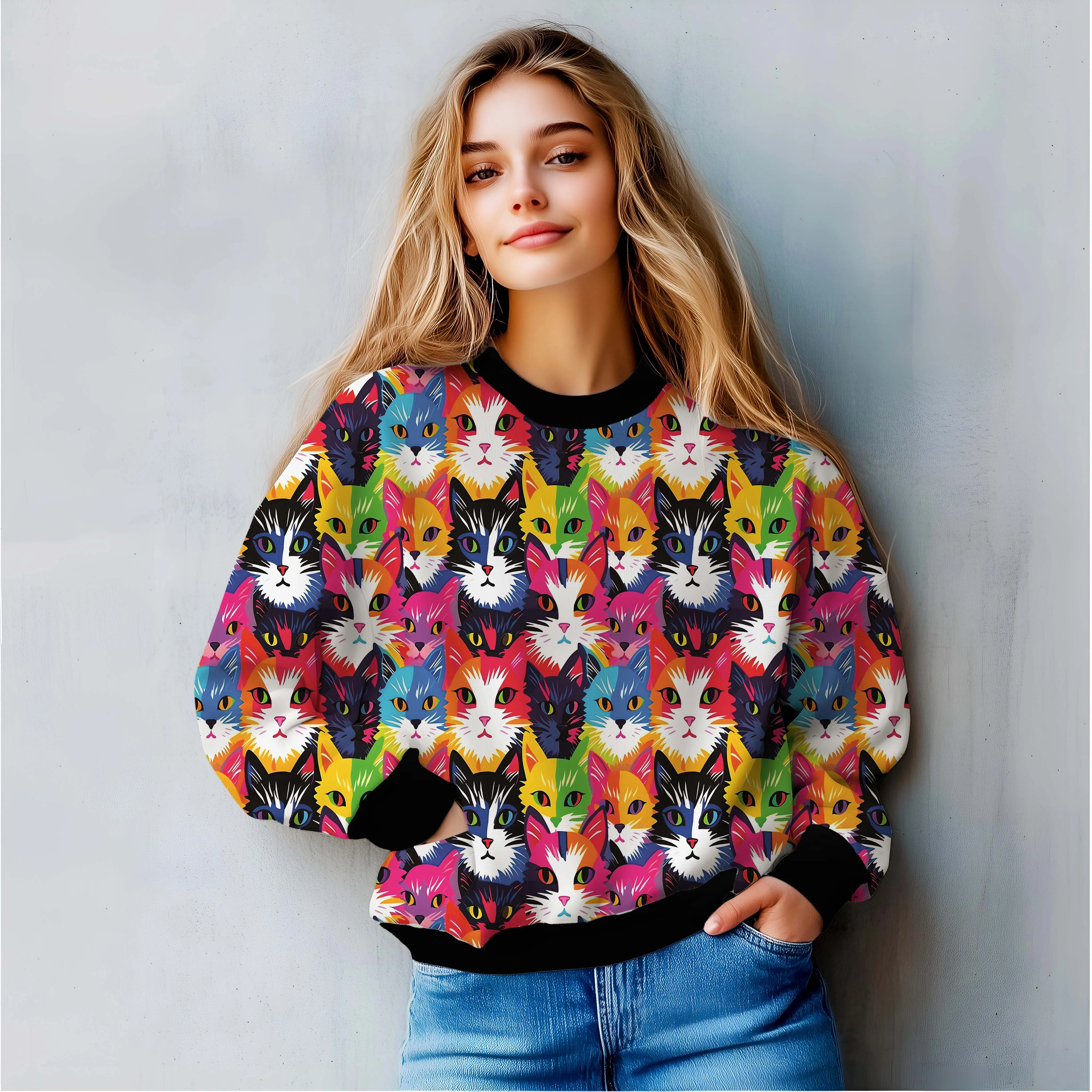 Unleash the Vibe: Multicolor Cat Face All-Over Print Sweatshirt