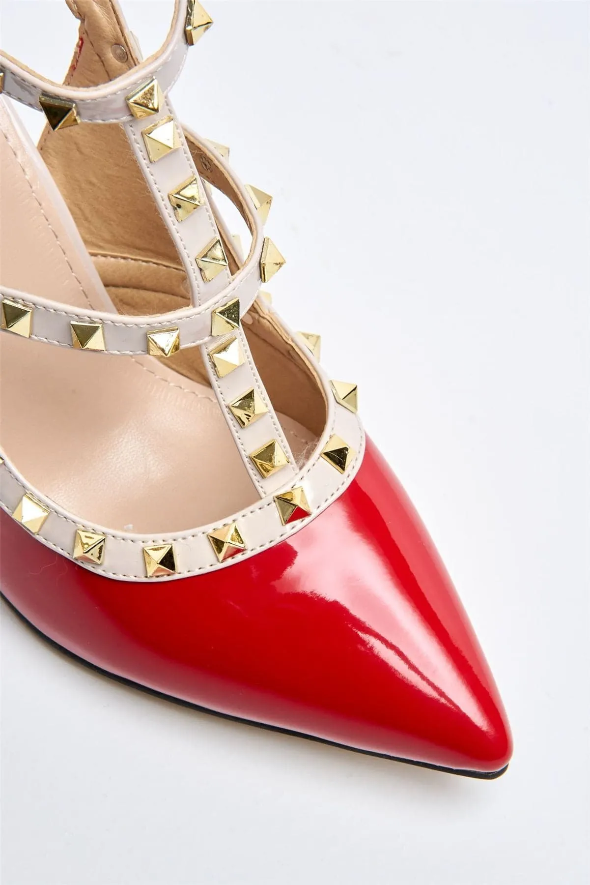 Vienna Studded Anklestrap Heels in Red Patent