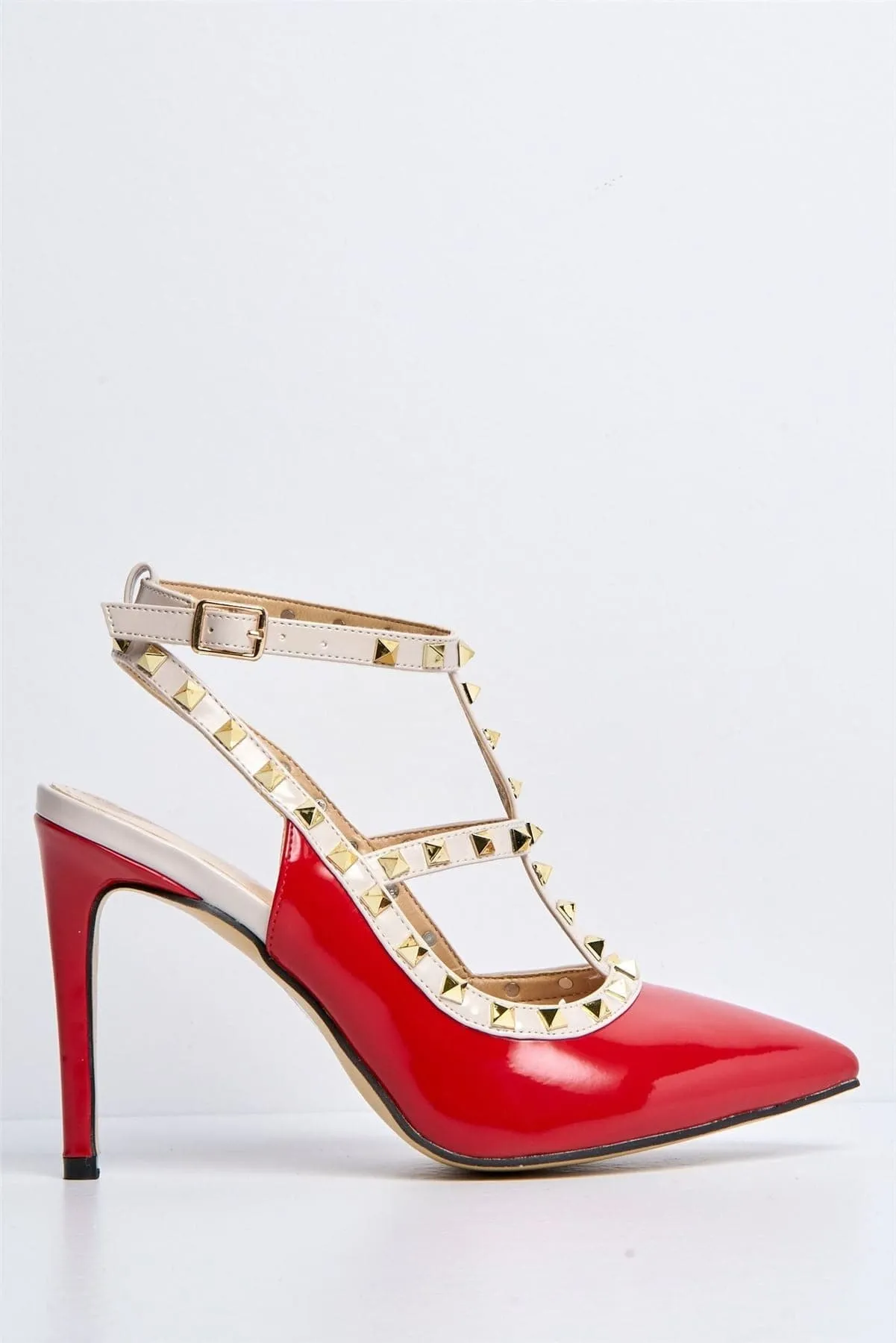 Vienna Studded Anklestrap Heels in Red Patent