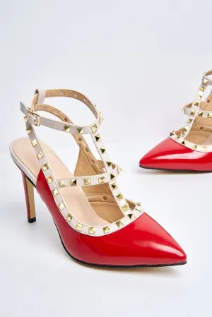 Vienna Studded Anklestrap Heels in Red Patent