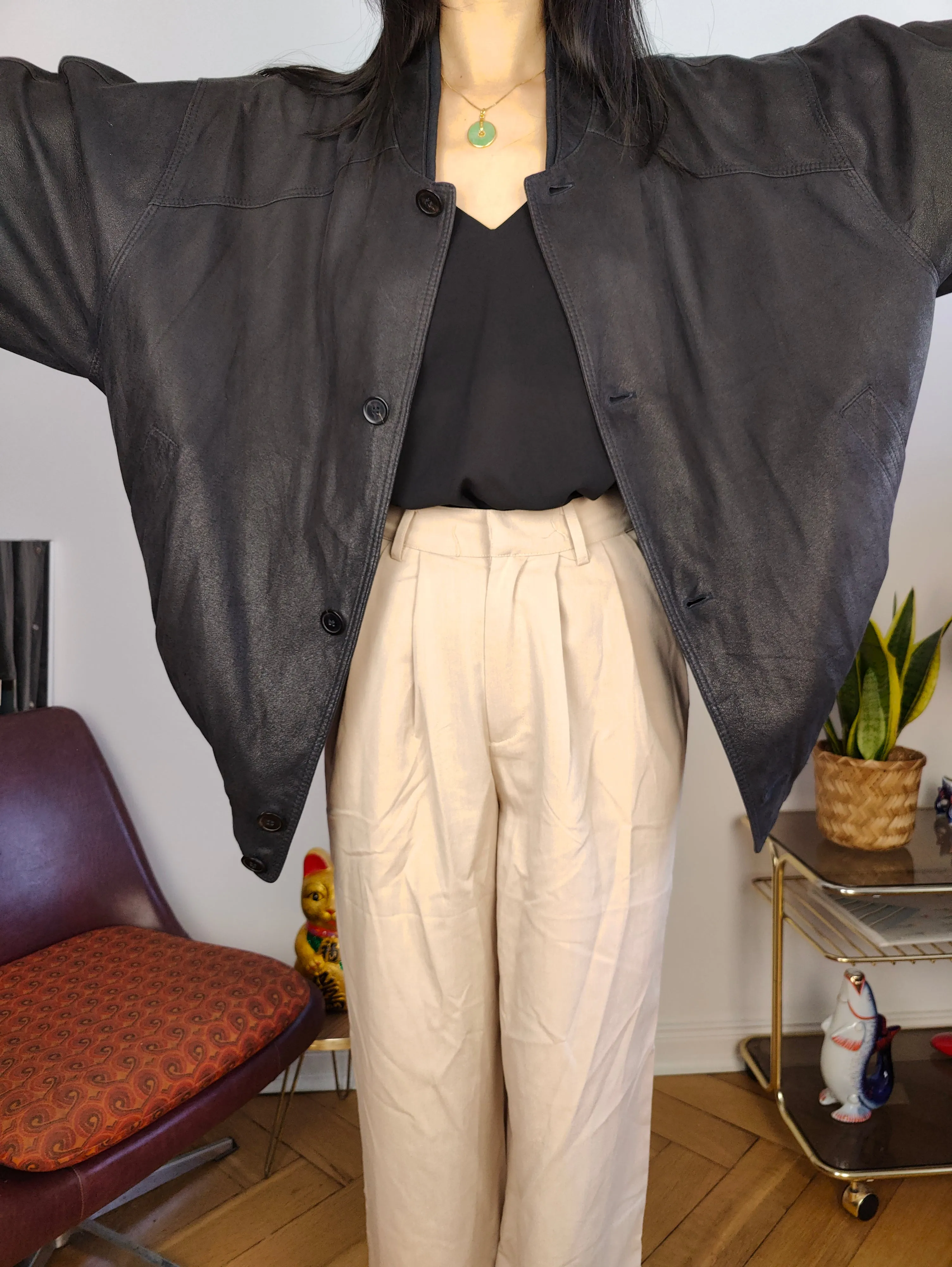 Vintage 100% leather bomber jacket black coat Christ unisex women men XL-XXL