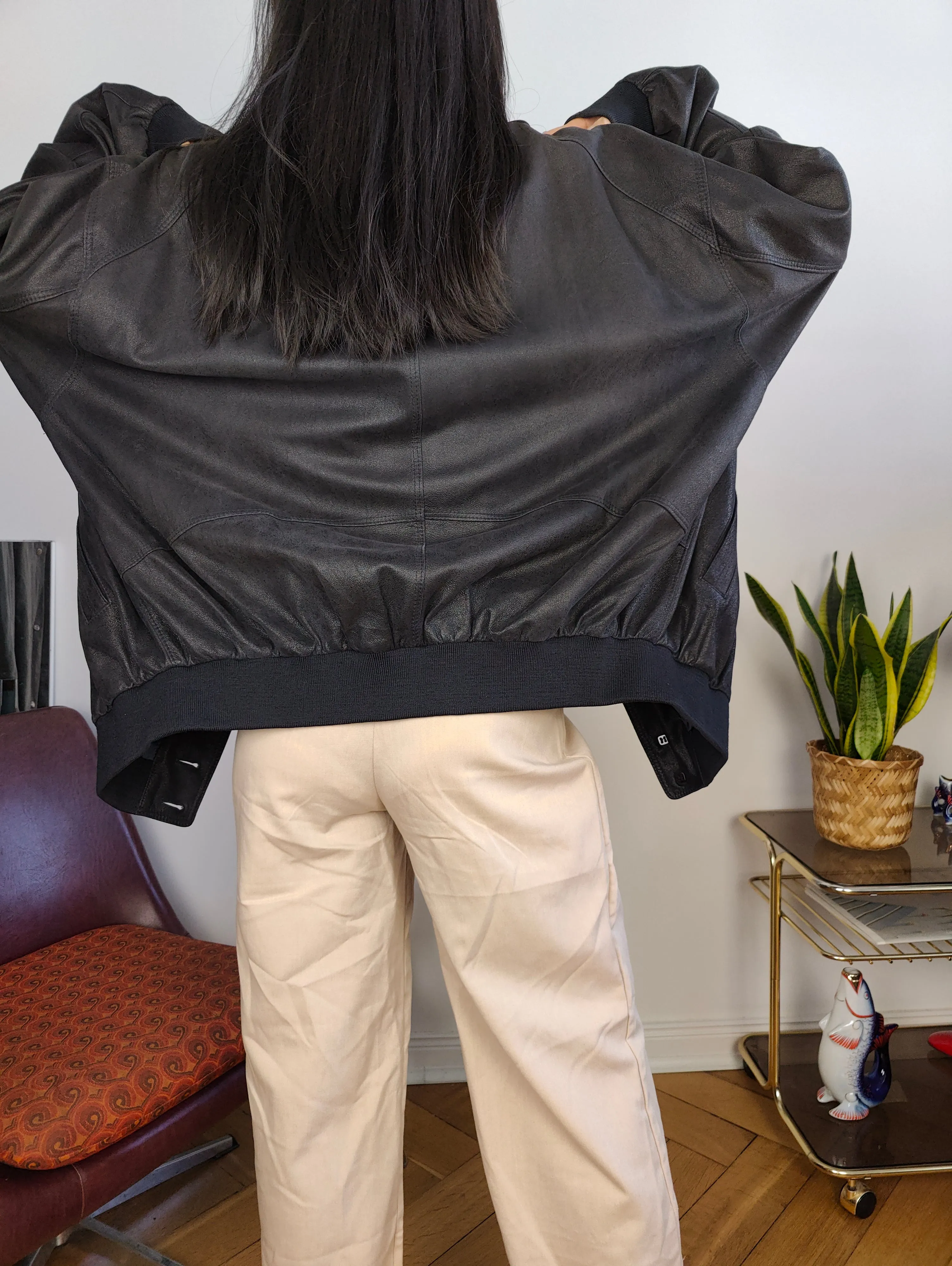 Vintage 100% leather bomber jacket black coat Christ unisex women men XL-XXL