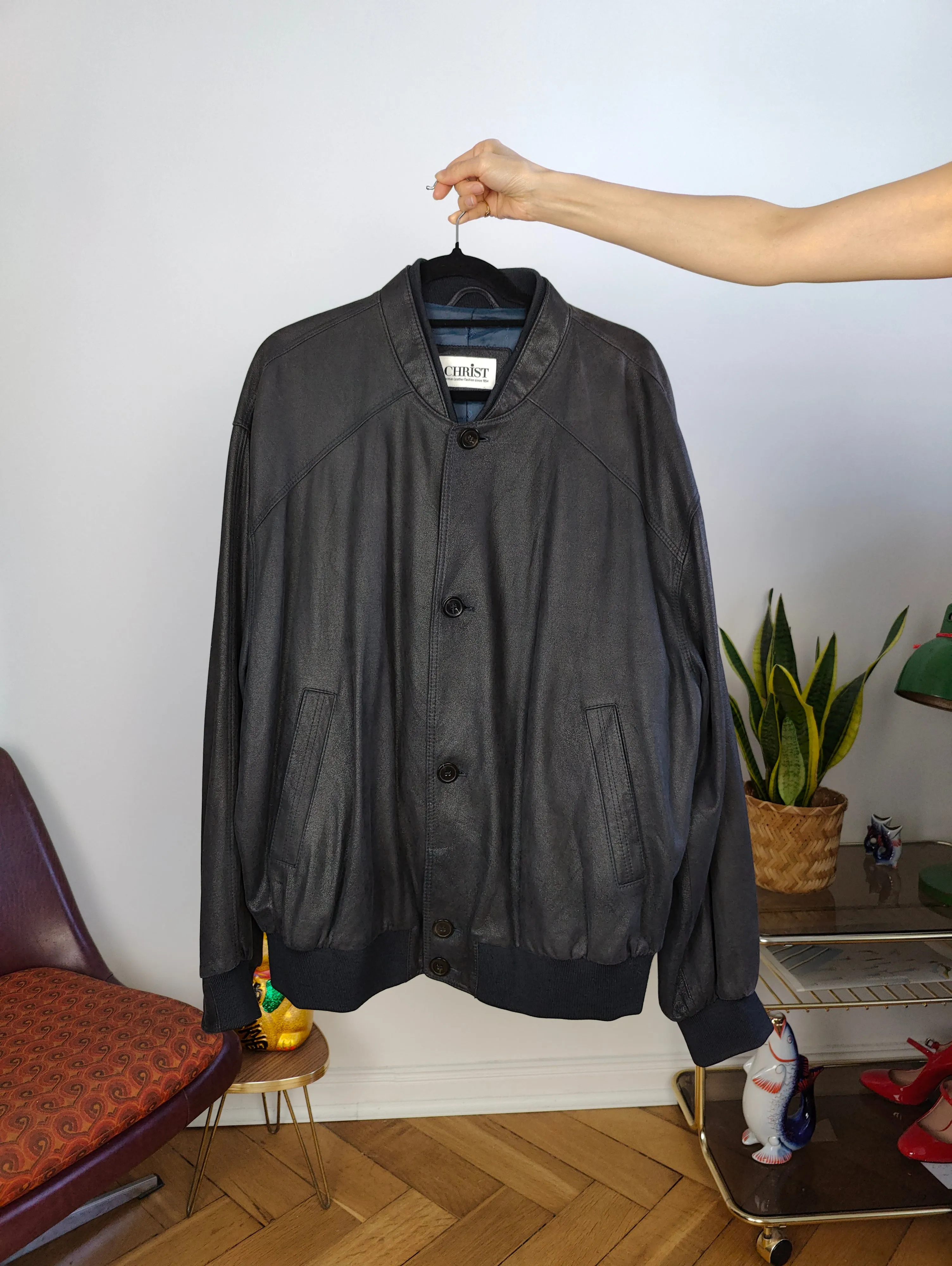 Vintage 100% leather bomber jacket black coat Christ unisex women men XL-XXL