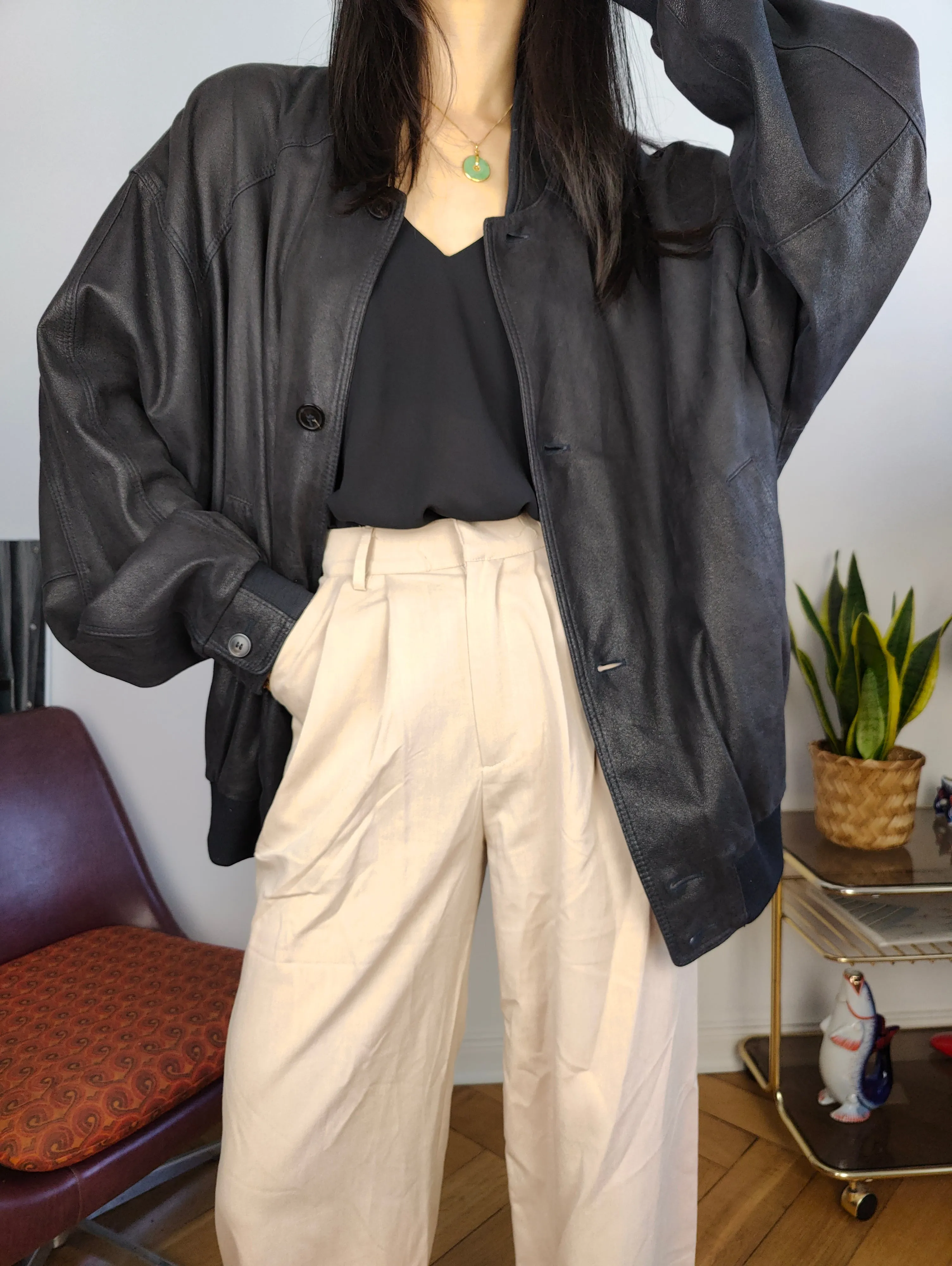 Vintage 100% leather bomber jacket black coat Christ unisex women men XL-XXL