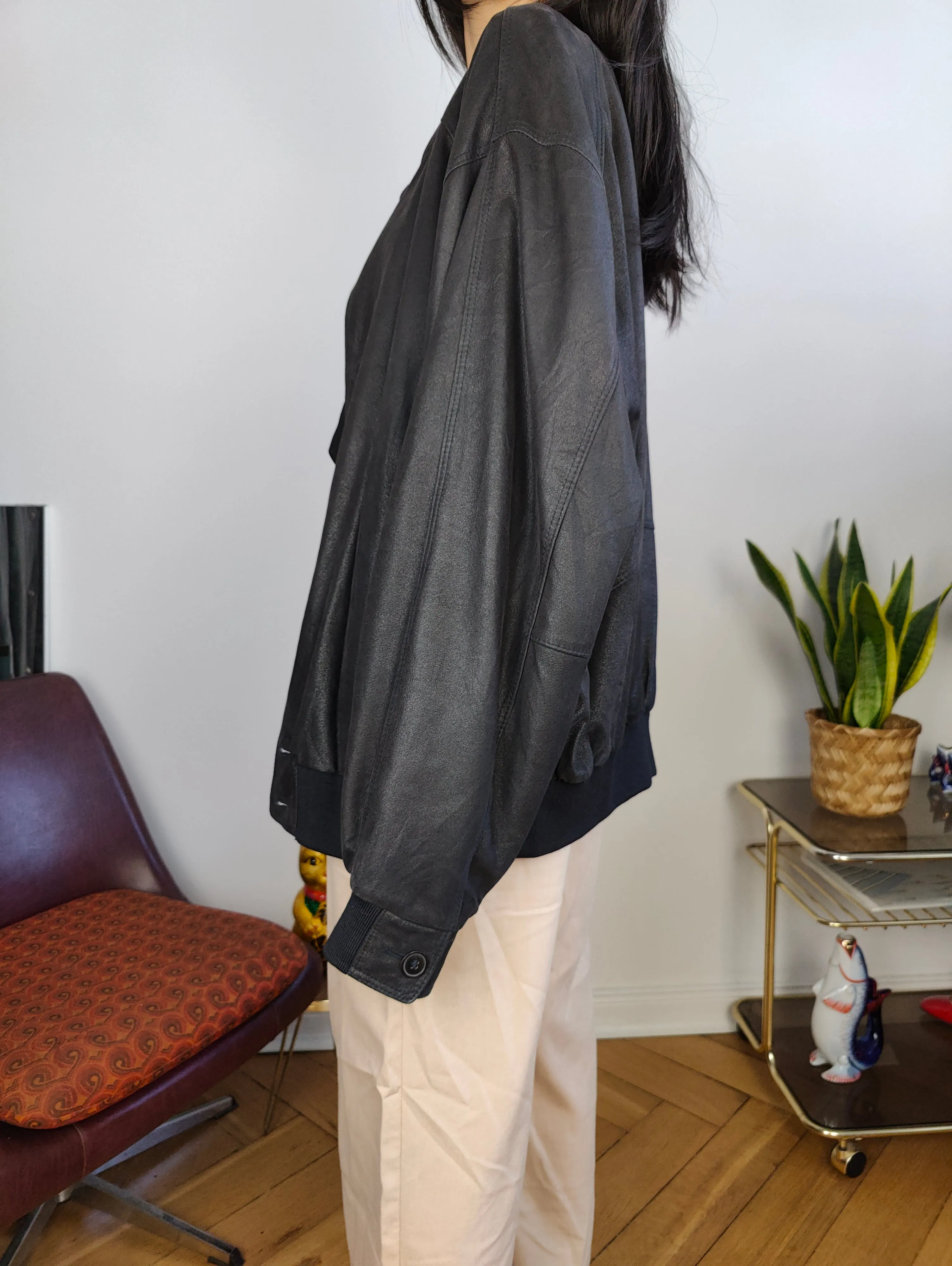 Vintage 100% leather bomber jacket black coat Christ unisex women men XL-XXL