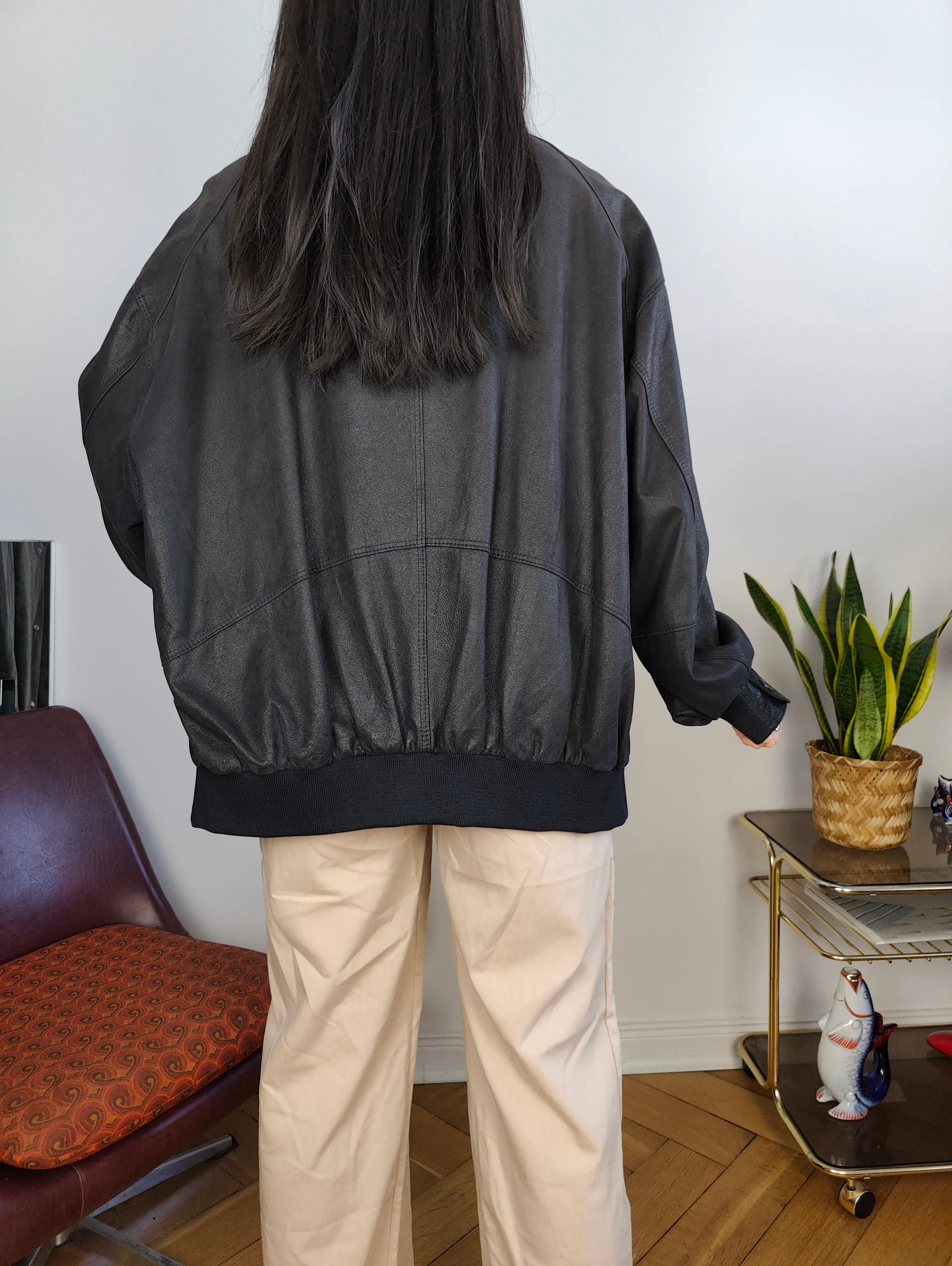 Vintage 100% leather bomber jacket black coat Christ unisex women men XL-XXL