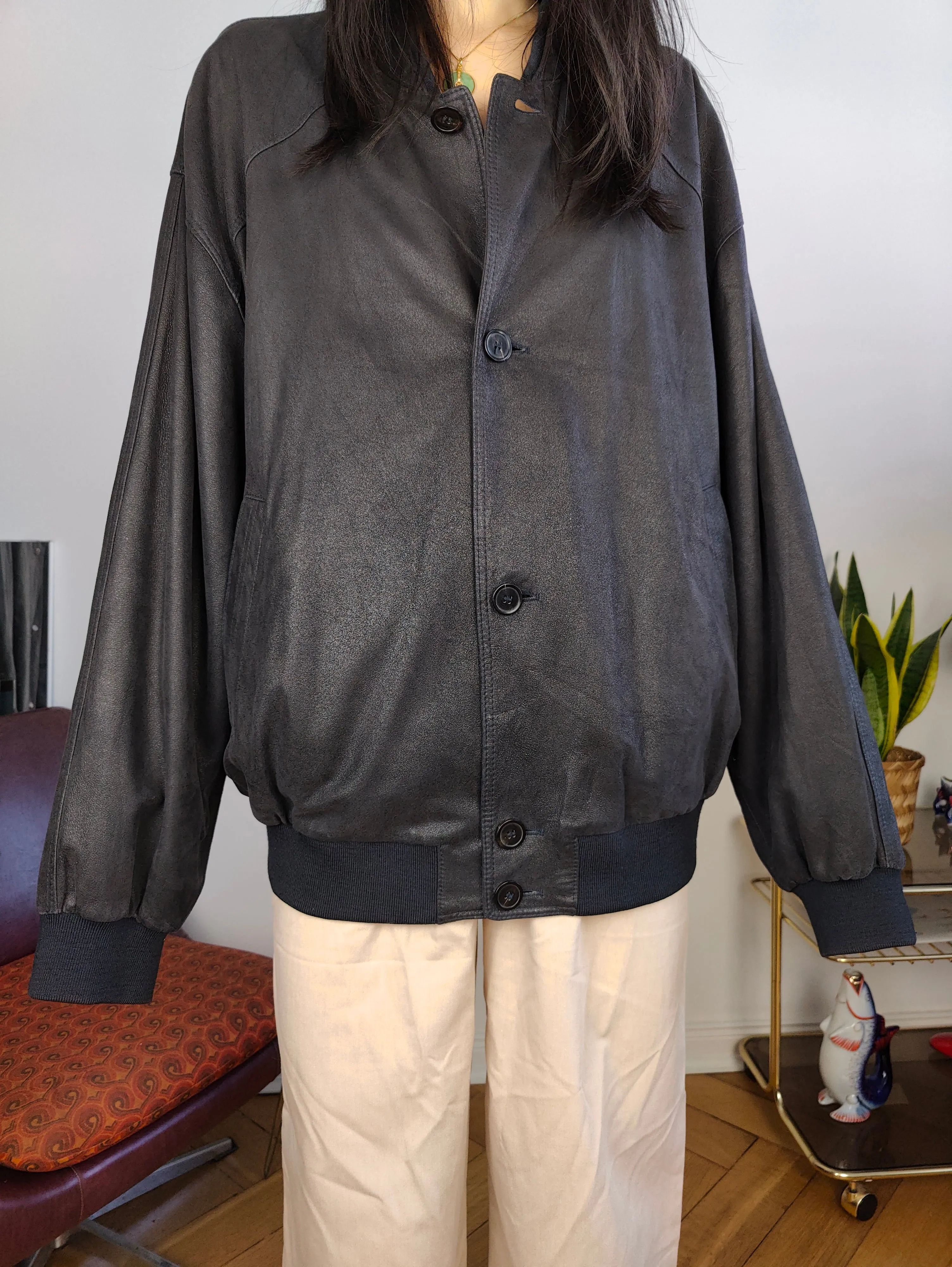 Vintage 100% leather bomber jacket black coat Christ unisex women men XL-XXL