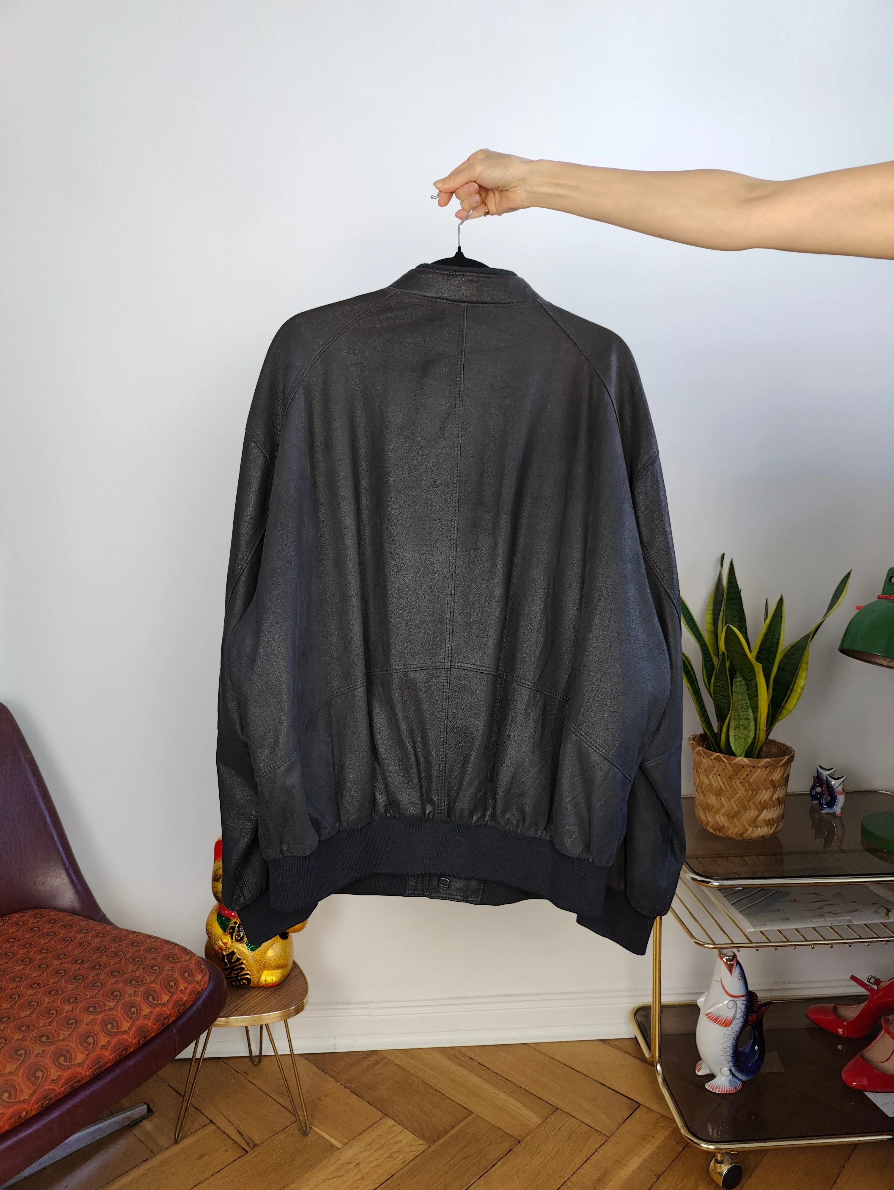 Vintage 100% leather bomber jacket black coat Christ unisex women men XL-XXL