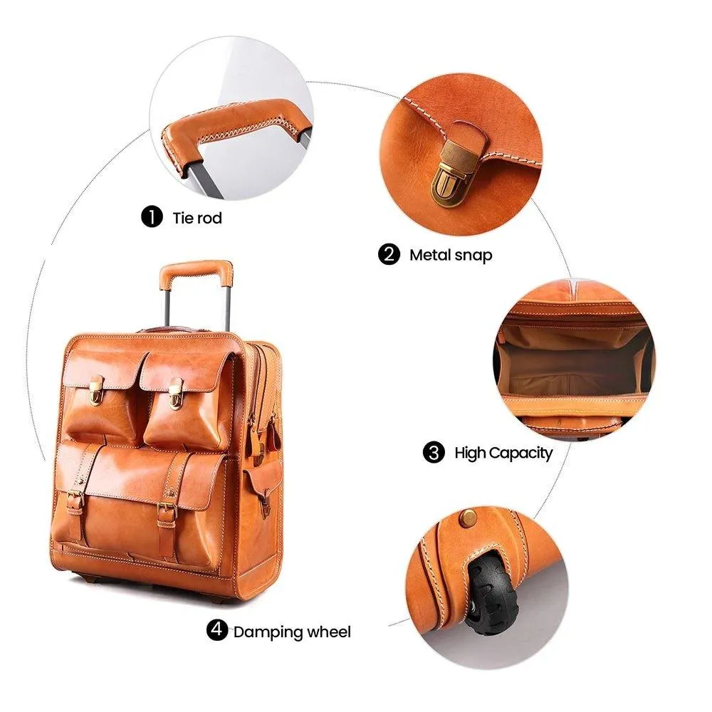 Woosir Vintage Leather Trolley Suitcase On Wheels 22"