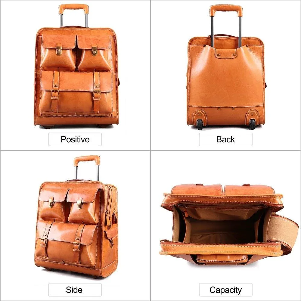Woosir Vintage Leather Trolley Suitcase On Wheels 22"