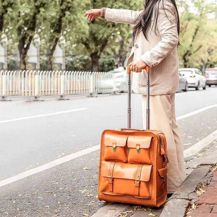 Woosir Vintage Leather Trolley Suitcase On Wheels 22"
