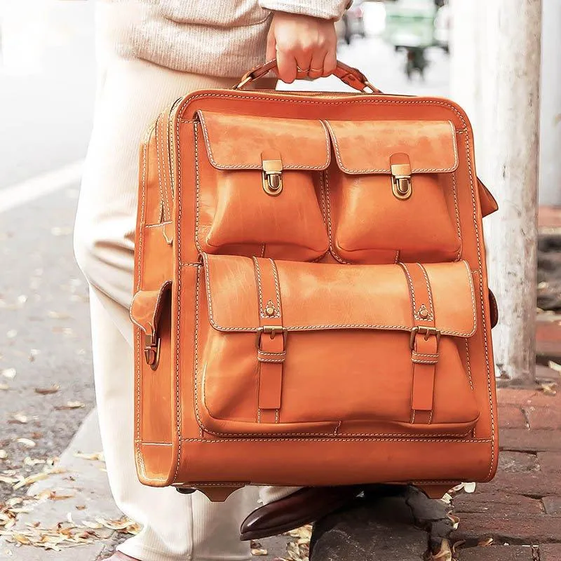 Woosir Vintage Leather Trolley Suitcase On Wheels 22"