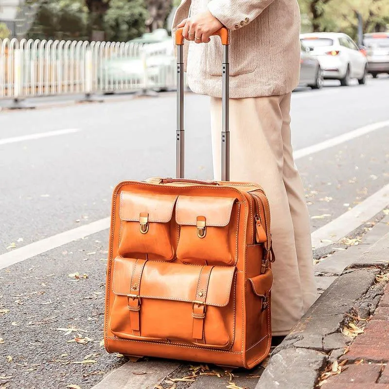 Woosir Vintage Leather Trolley Suitcase On Wheels 22"